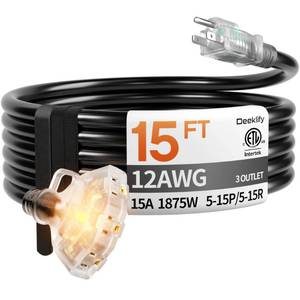 lot 11554 image: Deeklify 15 ft 12 Gauge Heavy Duty 3 Outlet Extension Cord Splitter with Indicator, Waterproof Outdoor Extension Cord with Multiple Outlets, 15A 1875W for Home & Workshop, ETL Listed, Black SJTW
