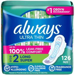 lot 11557 image: Always Ultra Thin Pads with Wings, Size 2, Long Super, 126 Count (3 Packs of 42)