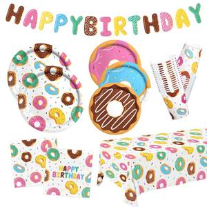 lot 11558 image: Donut Party Supplies Kit for 24 - Sweet 1st Birthday, Two Sweet and Donut Grow Up Birthday Themes  Includes Plates, Napkins, Cups, Tablecloth & Banner for Donut Party Decorations & Favors
