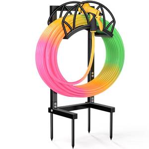 lot 11559 image: HZE Garden Hose Holder, Freestanding Water Hose Holder Stand for Outside, Heavy Duty Detachable Metal Garden Tube Storage Rack Holds 160 FT for Yard Lawn Farm, Black