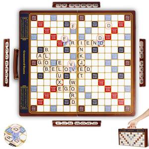 lot 11561 image: Crossword Game with Magnetic Letter Tiles, Foldable Board into Portable Carry Case, Luxury Edition Word Building Game with Rotating Wooden Board, Educational Family Board Game for 2-4 Players