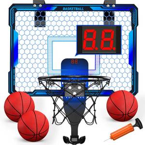 lot 11562 image: HYES Basketball Hoop Indoor, Mini Basket Ball Hoop with 7 LED Lighting, Scoreboard, Over Door Basketball Hoop with 3 Modes, Volume Adjustable, Foldable, Basketball Toys Gifts for Kids Adults (Blue)