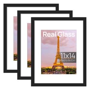 lot 11563 image: upsimples 11x14 Picture Frame Set of 3, Made of High Definition Glass for 8x10 with Mat or 11x14 Without Mat, Wall and Tabletop Display Photo Frames, Black
