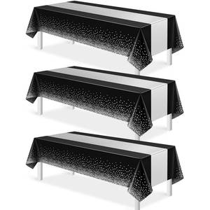 lot 12166 image: 3Pcs Black and Silver Tablecloth Party Decorations,Plastic Black Table Cloth Printed Silver Table Runner Disposable Rectangle Table Cover for Birthday Anniversary Wedding Graduation Party,54 x108 Inch