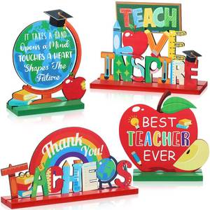 lot 12181 image: Amyhill 4 Pcs Teacher Appreciation Gifts Wooden Table Centerpieces Decorations Thank You Best Teacher Favors for Women Men Home School Classroom Desk Decor(Classic)