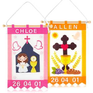 lot 12182 image: WATINC First Communion Banner Kit - 2 Pack DIY 1st Holy Communion Felt Banner Craft Decoration for Girls, Make Your Own Pink Baptism Christian Cross Hanging Decor for Sunday School (Baptism Ceremony)