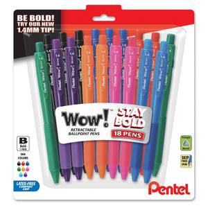lot 12184 image: Pentel Wow Retractable Ballpoint Pen, (1.4mm), Bold Line, Assorted Ink Colors, Pack of 18 (BK444BP18M)