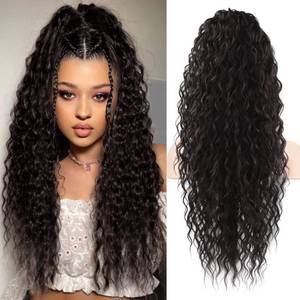 lot 12185 image: Flufymooz Ponytail Extension, 26 Inch Bohemian Style Drawstring Ponytail Hair Extensions for Women, Long Curly Wavy Ponytail Natural Synthetic Hairpiece for Women (26 Inch Black Brown)