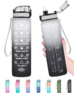 lot 12193 image: Enerbone 32 oz Water Bottle, Leakproof BPA & Toxic Free, Motivational Water Bottle with Times to Drink and Straw, Fitness Sports Water Bottle with Strap for Office, Gym, Outdoor Sports, Gray-Black
