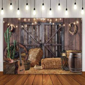 lot 12218 image: XIAONGYAER 71x47 inch Western Cowboy Theme Photo Background Western Party Decorations Polyester Fabric Wild West Vintage Wooden House Barn Door Cowboy Theme Photography Backdrops