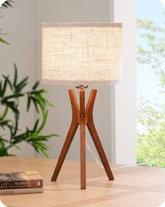 lot 13382 image: EDISHINE Mid Century Table Lamp, 17.5 Tripod Bedside Lamp with Deep Wood Color Light Base & Beige Linen Lampshade, Nightstand Lamp for Bedroom, Living Room, Reading Room, E26 Base
