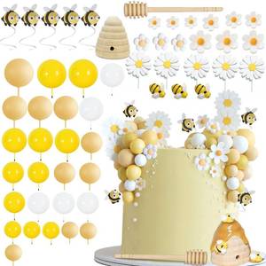 lot 14023 image: 59PCS Bee Cake Topper Daisy Birthday Decoration with Bees Daisy Honeycomb Honey Stick Yellow White Balls Set for Birthday Party