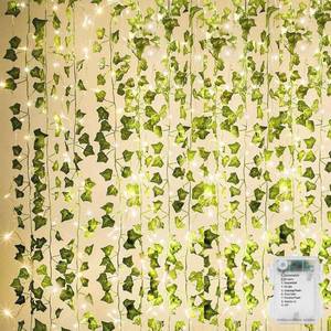 lot 14041 image: KASZOO 84Ft 12 Pack Artificial Ivy Garland Fake Plants, Vine Hanging Garland with CE Certified 80 LED String Light, Hanging for Home Bedroom Garden Party Wedding Wall Room Decor, Green