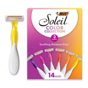 lot 14042 image: BIC Soleil 3 Colors Womens Disposable Razors With Aloe Vera and Vitamin E Lubricating Strip for Enhanced Glide, With 3 Blades, 14 Count