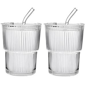 lot 14048 image: 13oz400ML Glass Tumbler with Straw and Lid Ribbed Vertical Ice Coffee Cups Sealed Carry on for Coffee Iced Tea, Thick Wall Glassware Tumbler Water Glass (2pcs)
