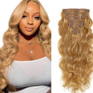 lot 14475 image: #27 Blonde Clip in Extensions Human Hair 22 Inch Honey Blonde Long Wave Clip in Seamless Extensions Human Hair Skin Weft Seamless Invisible Unprocessed Brazilian Virgin Remy Hair 120g