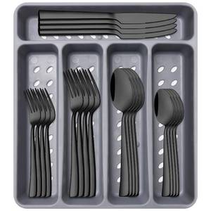 lot 19761 image: 21-Piece Modern Black Silverware Set with Organizer Tray Stainless Steel Eating Utensil Sets Kitchen Knives Forks and Spoons Cutlery Set Heavy Duty Tableware Flatware Sets for 4, Dishwasher Safe (Open Box, May Be Missing Pieces)