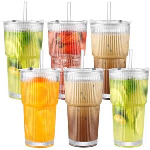lot 19766 image: CWHHRN 20 oz Glass Cups with Lid and Straw 2 Set, Glass Tumbler with Straw and Lid, Vintage Glassware for Whiskey Cocktail Beer, Iced Coffee Cups with Lid (6 PACK) (Straws Broken)