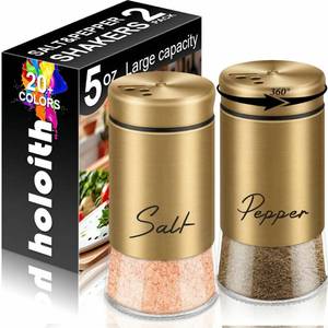 lot 19848 image: Gold Salt and Pepper Shakers Set, 5 oz Modern Farmhouse Kitchen Decor and Accessories for Restaurant, Wedding, Housewarming Gifts Refillable Design (Gold)