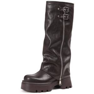 lot 19855 image: Phefarer Womens Knee High Fold Over Boots Chunky Platform Lug Sole Comfortable Leather Round Toe Goth Moto Combat Brown Dress Boots for Women Size 8.5 (Used)