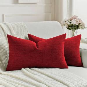 lot 20321 image: FUTEI Pack of 2 Chenille Decorative Throw Pillow Covers 12x20 Inch,Soft Cozy Faux Linen Textured Lumbar Pillow Cases,Farmhouse Home Decor for Couch Living Room,Red