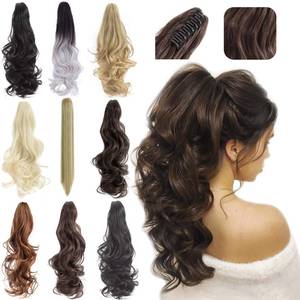 lot 20335 image: FELENDY Ponytail Extension Claw 18 20 Curly Wavy Straight Clip in Hairpiece One Piece A Jaw Long Pony Tails for Women Wine Red