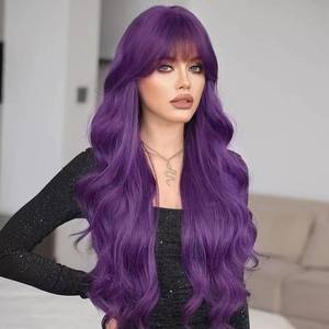 lot 20344 image: NOSTALGIA Purple Wig with Bangs Long Purple Wavy Wigs for Women 26 Inch Dark Purple Wigs Natural Looking Heat Resistant Synthetic Wig for Daily Party Use