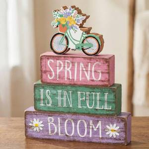 lot 20369 image: Chunful 4 Pcs Spring Pastel Tiered Tray Decor, Spring Is in Full Bloom Table Decoration, Daisy Flower Bicycle Rustic Wooden Block Signs, Farmhouse Table Decor Centerpiece for Home Desk