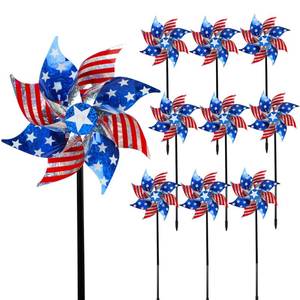 lot 20391 image: Hausse 10 Pack Reflective Pinwheels Patriotic Decorations (Assembly Required), American Flag Wind Spinner with Stake for Independence Day, Memorial Day July of 4th, Scare Birds Repellent Devices