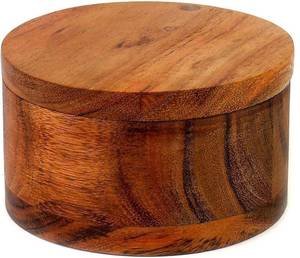 lot 20402 image: Kaizen Casa Acacia Wood Salt or Spice Box with Swivel Cover perfect for keeping table salt, gourmet salts, herbs or favorite seasonings, close at hand on your countertop.