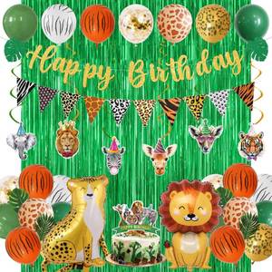 lot 20403 image: Holkcog Safari Birthday Decorations, Green Jungle Wild Animal Party Supplies��Ballons��Hanging Swirls��Cake Topper for Jungle Birthday Party Decorations, Safari Themed Kids Birthday Party Photo Banner