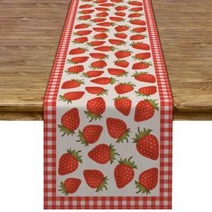 lot 20406 image: Strawberry Table Runner Buffalo Plaid Check Spring Summer Fruit Birthday Baby Shower Party Kitchen Dining Home Decoration (13 x 72)