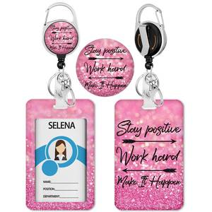 lot 20408 image: Positive Badge Holder with Retractable Reel, Funny Id Card Badge Case with Carabiner Clip Heavy Duty, Vertical Card Name Tag Badge Protector Cover for Work Office Nurse Teacher Women Student Gifts