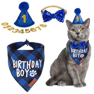 lot 20409 image: ADOGGYGO Cat Birthday Party Supplies, Birthday Boy Plaid Kitten Bandana, Blue Cat Party Hat with Numbers, Bowtie (Blue)