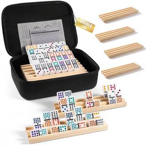 lot 1289 image: uvcany Mexican Train Dominoes Set with 8 Wooden TraysRacks, Double 15 Dominos Travel Set with 8 Tiles Holders, 136 Tiles Double 15 Colored Dominoes Game Set with Zippered Case for Family Kids