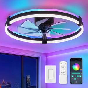 lot 1292 image: ZMISHIBO RGB Ceiling Fans with Lights and Remote, 23 inch Low Profile Ceiling Fan with Light, 3000K-6000K Dimmable & RGB, Modern Fandelier Flush Mount Ceiling Fan, Small LED Fan for Bedroom,Black
