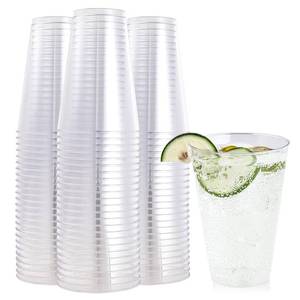 lot 1299 image: FOCUSLINE 100 Pack 14 oz Clear Plastic Cups, Disposable Cups Large Reusable Plastic Tumblers, Heavy-duty Clear Cups 14 Ounce for Wedding Party, Thanksgiving, Halloween, Christmas