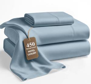 lot 1303 image: LANE LINEN 100% Cotton Sheets Twin Size - 450 Thread Count Premium Sateen Weave for Gentle Feel On Skin - Extra Soft Hotel Quality Sheets for Dorm Rooms - Oeko Tex Certified - French Blue