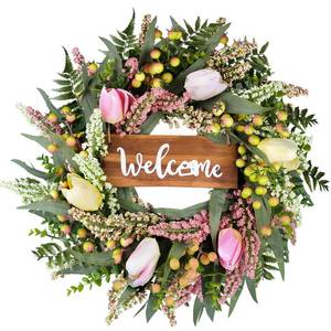 lot 1317 image: Wreaths for Front Door 20 Inch Spring Summer Tulip Wreath withTulip,Berries,Boxwood and Cattails Welcome Door Wreath, Porch, Window -Green Decor for Home, Farmhouse - Spring, Summer, Fall, All Seasons