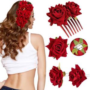 lot 2004 image: 4 Pieces Rose Flower Hair Clip Big Rose Brooch Floral Clips Mexican Flower Hair Accessories for Woman Flamenco Dancer Bridal Party Wedding