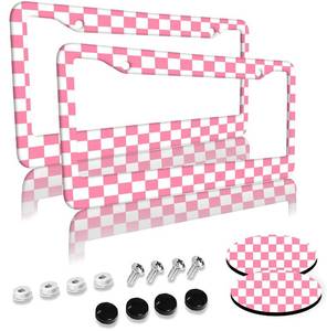 lot 2008 image: Pink Checkered License Plate Frames 2 Pack 2 Holes Aluminum License Plate Cover with 2 Pcs Car Coasters and Screw and Black Screw Caps for Girl Women Men Gifts