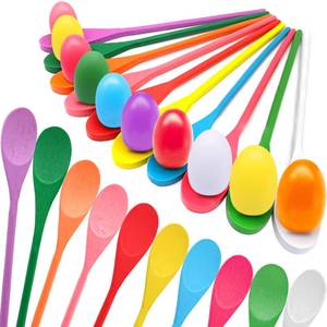 lot 2032 image: TOPLEE 20 Pcs Easter Egg and Spoon Race Game Set, 10 Players Balance Relay Easter Games Include 10 Eggs and Wooden Spoons for Kids Family Carnival Sports Outdoor Games Holiday Birthday Party Supplies