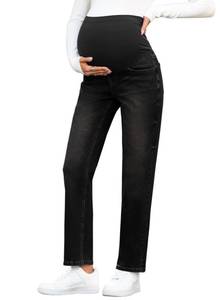 lot 2050 image: BLENCOT Womens Maternity Jeans Over Belly Straight Leg Stretch Loose Fit Pregnancy Denim Work Pants with Pockets Black Small