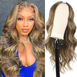 lot 2437 image: Mayouda Highlight V Part Wig Long Body Wavy Upgrade U Part Synthetic Hair for Black Women 24Inch Light Blonde With Brown Root Full Head Clip In Hair Glueless Women Wigs (Light Blonde With Brown Root)