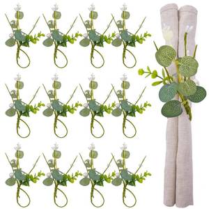 lot 2447 image: PartyforU Napkin Rings Set of 12 - Mini Greenery Eucalyptus Leaf Napkins Rings for Wedding Table Decor, Flower Napkin Ring with Pearls for Dinner Party Banquet