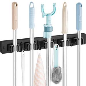 lot 2457 image: OUTNILI Mop and Broom Holder Wall Mount - Black Broom Mop Hanger - Wall Mounted Garden Tool Rack Organizer for Closet Garage Laundry Room Kitchen Decor With 5 Slots & 4 Hooks