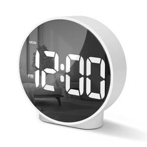 lot 2458 image: Lafocuse LED Digital Alarm Clock Battery Operated, Modern Round Digital Clock with 2 Alarms, Snooze, Adjustable Brightness, Curved Screen Design Bedside Alarm Clock for Bedroom Office, White