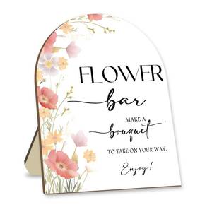 lot 2468 image: Flower Bar Wooden Sign with Stand, Pink Floral Bridal Shower Sign, Wedding Welcome Sign, Wedding Decor Supplies, Party Supplies for Wedding Reception 8 x 10 In