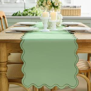 lot 2469 image: Windkream Scalloped Edge Table Runner 70 Inches Preppy Embroidery Edge Table Runner Cute Neutral Rustic Dining Decor for Kitchen(Moss Green,Sage Green)