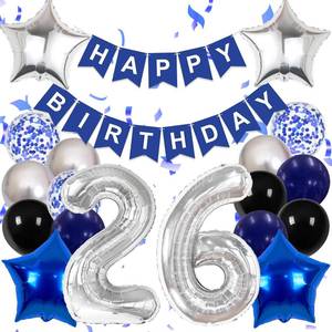 lot 2471 image: Happy 26th Birthday Decorations For Women Men, Blue Happy Birthday Banner, Silver 26 Balloon Numbers 40 Inch, 26th Birthday Balloons For Silver And Navy Blue Birthday Decorations